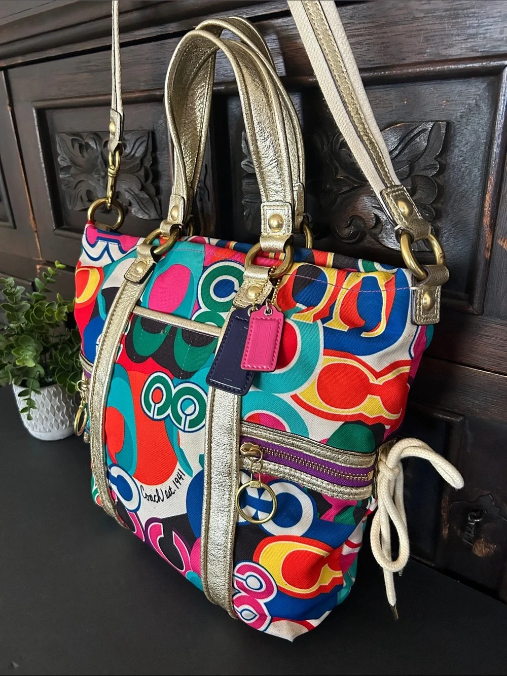 Coach Multicolor Signature Circle Tote with Gold Trim